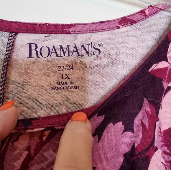 Roamans Floral Women's Top in Pink & Purple Hankerchief Hem - Picture 2 of 6